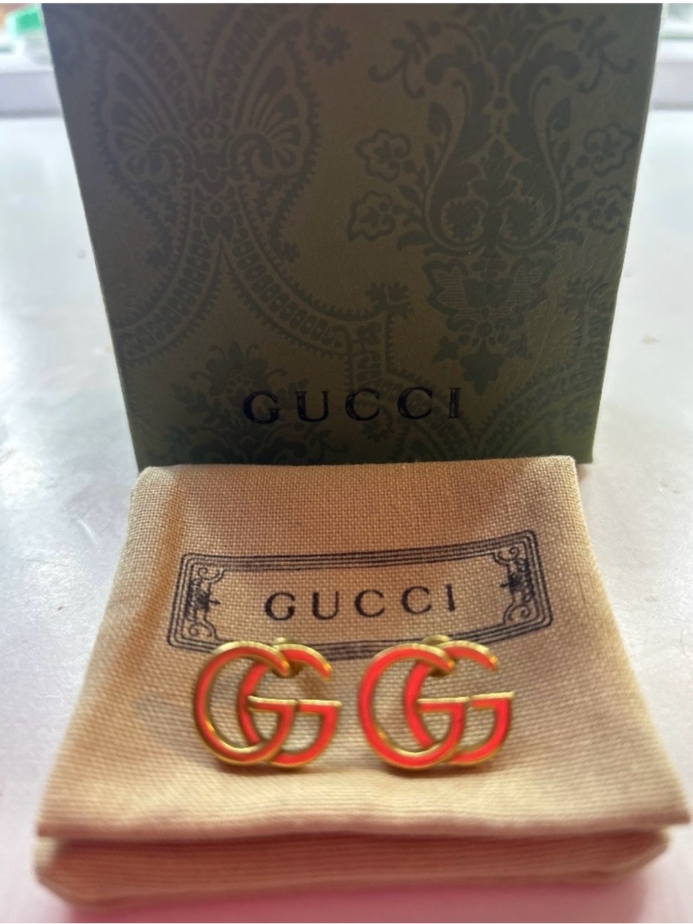 Gucci Gold-Tone Double G Enamel Red Stud Earrings